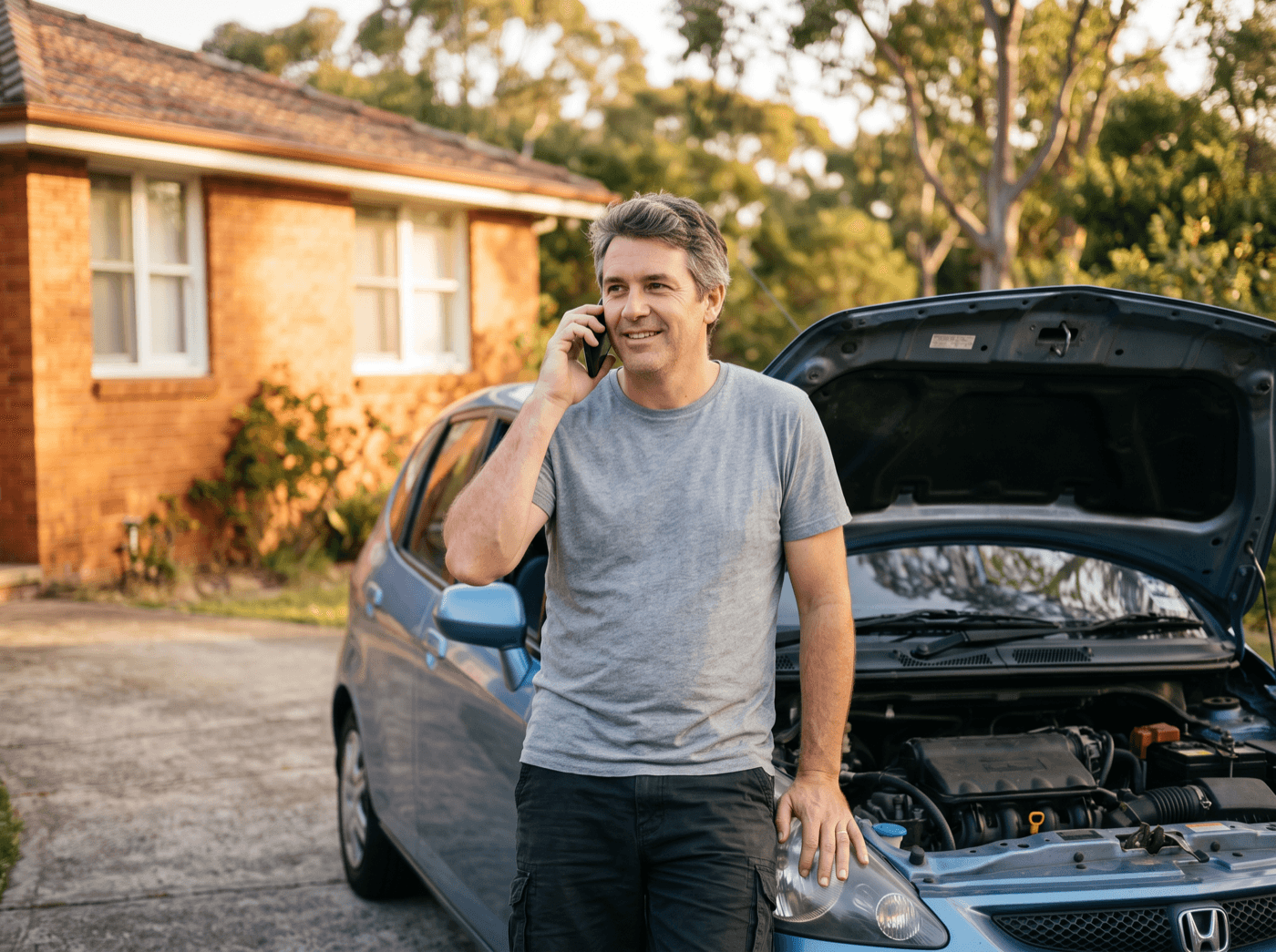 An Australian man on his phone beside his car after a breakdown