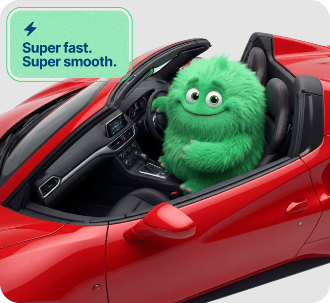 The CashPal mascot driving a red convertible