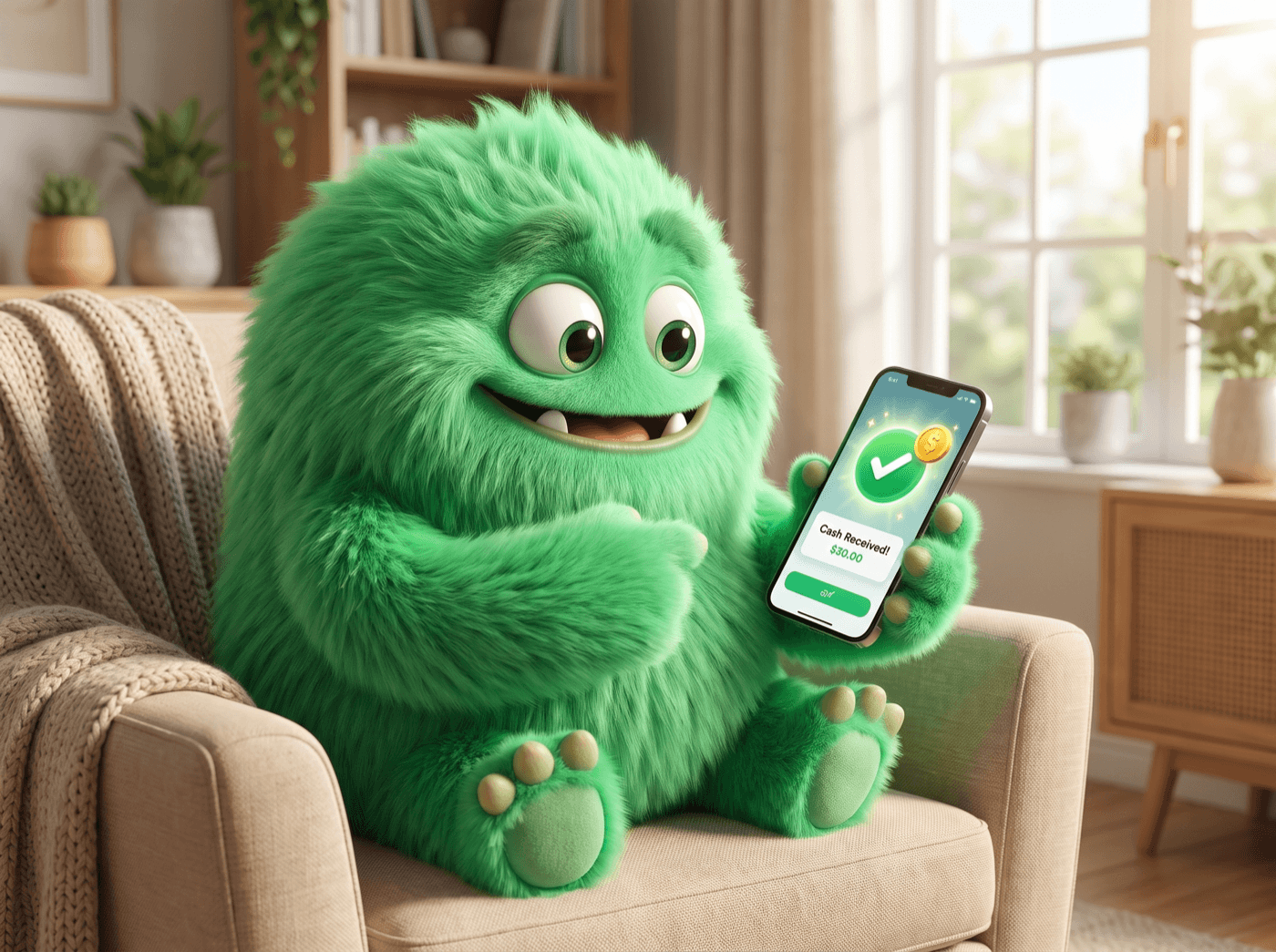 The CashPal mascot relaxing on a couch, delighted to see cash land in their account before payday