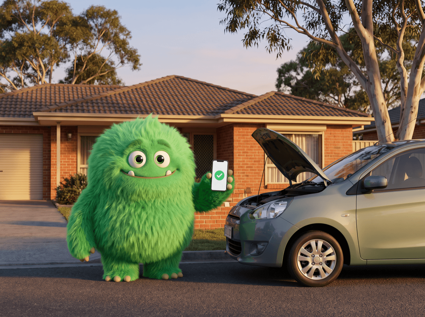The CashPal mascot standing beside a broken-down car, phone in hand